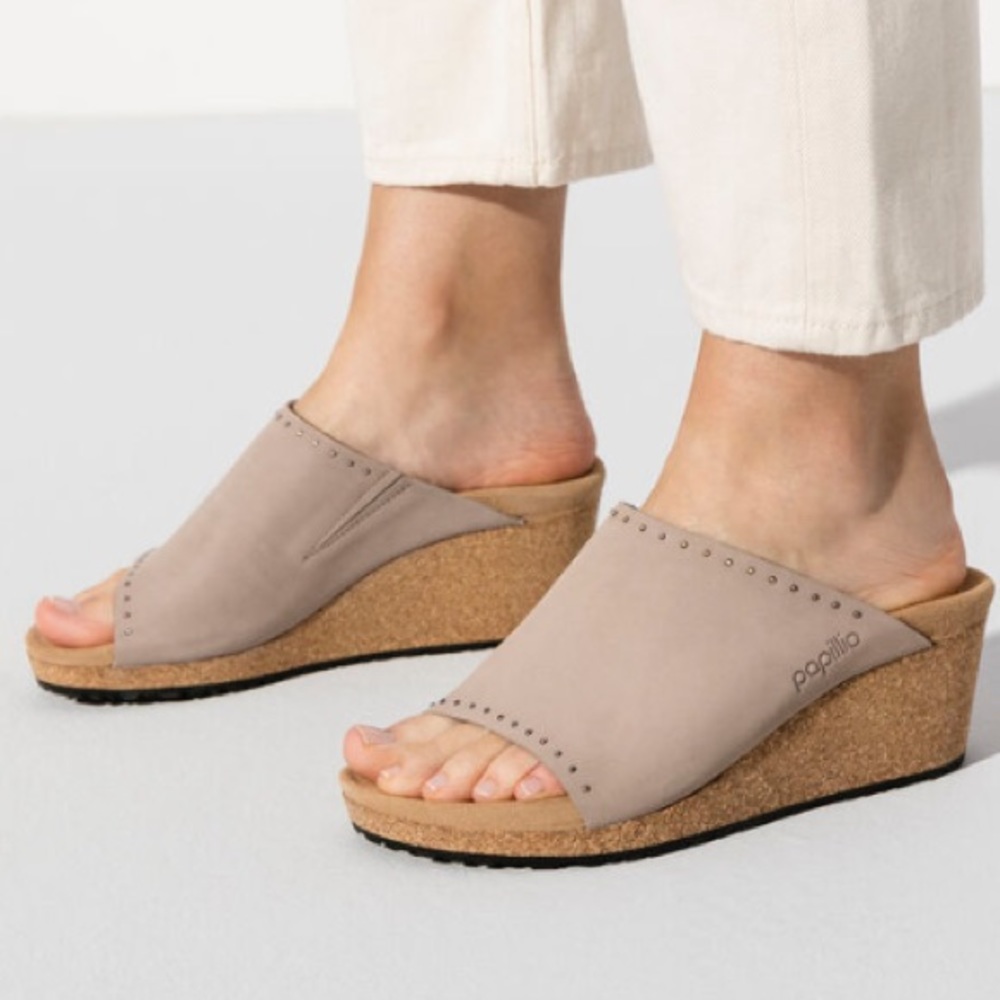 Nwt PAPILLIO BIRKENSTOCK Namica Rivets Leather Wedge Sandals Size 38